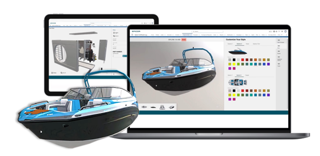 Official Epicor CPQ visual showing a configurable 3D boat on a laptop and tablet